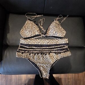 Leopard Print High-Waist Bikini Set - Tan and Black
